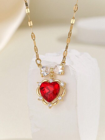 1 件不锈钢蝴蝶结和心形吊坠项链，适合女性日常佩戴和母亲节礼物