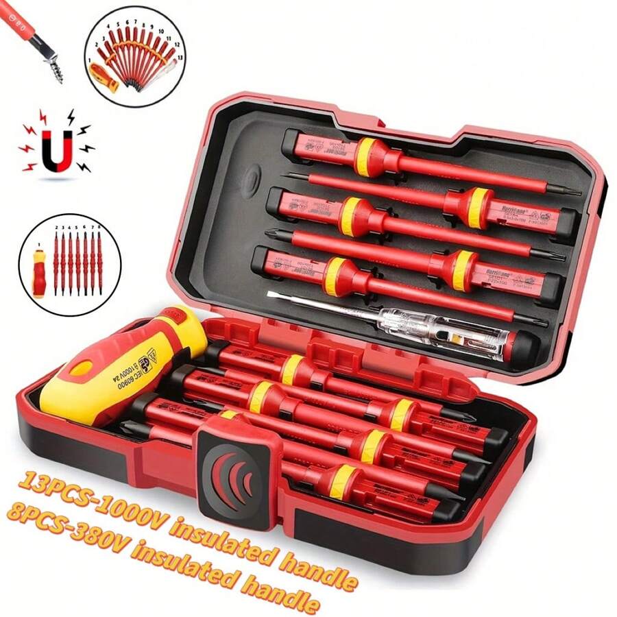 8PCS 380V/13PCS 1000V Changeable Insulated Screwdriver Set,VED Insulated Screwdriver Batch Set Chrome Vanadium Steel Electrician Screw Batch Insulated Plastic Handle Screwdriver - Red - View 1
