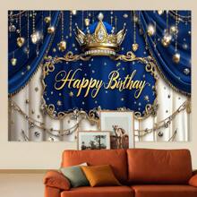 1 pieza Lona de fondo para fotografía de fiesta de cumpleaños de príncipe real, utilidad múltiple de tapiz decorativo de fiesta de poliéster 210 x 150 cm / 150 x 100 cm / 100 x 75 cm, Telón de fondo azul real y dorado de lujo con corona de príncipe para fiesta de cumpleaños, Decoración vintage para fiesta de cumpleaños de príncipe, Suministros para mesa de pastel de cumpleaños, Decoración de habitación y tela de fondo para estudio de fotografía de retrato, Navidad - Multicolor - Ver 2