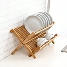 1pc Bamboo 2-Tier Dish Drying Rack, Collapsible Kitchen Utensil Storage Holder