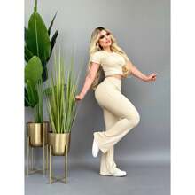 Conjunto set crop top blusa cuello redondo manga corta pantalón pierna ancha - Café integral - Ver 1