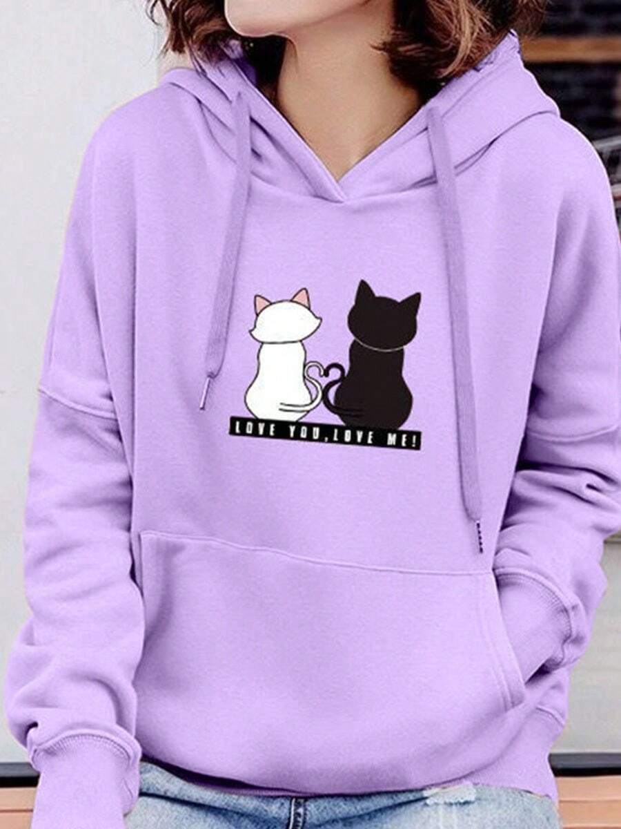Sudadera estampado gatitos Suelta Con Capucha De Moda Para Mujer - Morado - Ver 1