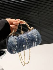 Fashionable Structured Asymmetrical Shape Chain Handle Evening Clutch - Blue - View 2