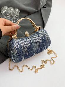 Fashionable Structured Asymmetrical Shape Chain Handle Evening Clutch - Blue - View 4