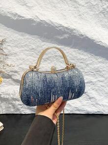 Fashionable Structured Asymmetrical Shape Chain Handle Evening Clutch - Blue - View 1