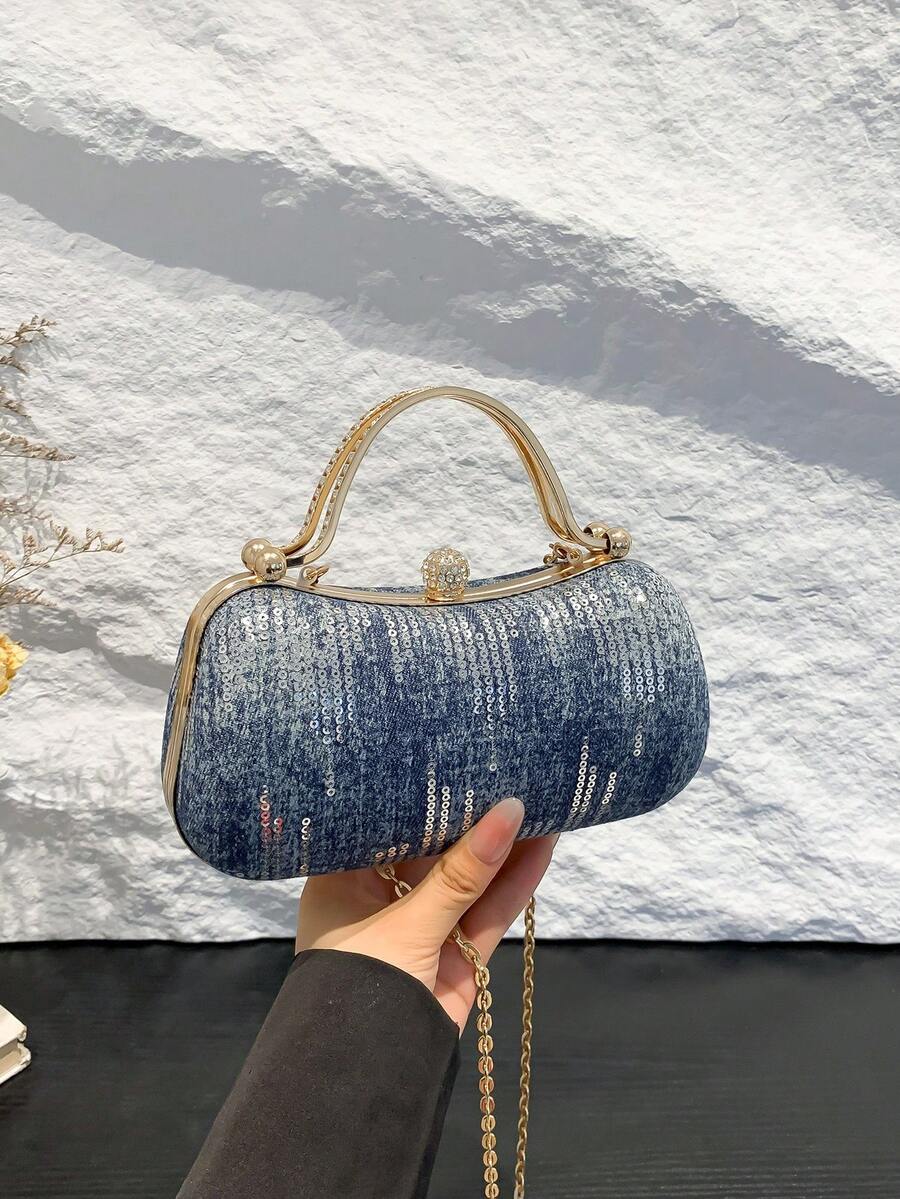 Fashionable Structured Asymmetrical Shape Chain Handle Evening Clutch - Blue - View 1