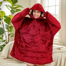 1pc Wearable Fleece Blanket With Sleeves, Hooded Sweatshirt Design, Giant Hoodie With Extra Large Pockets, Adult Size - 3 Entrance Pockets On Left, Right And Top - Burgundy - View 4