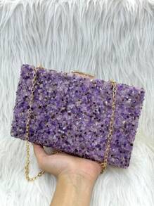 Women's Square Colorful Rhinestone Party Wedding Clutch Bag With Chain Strap - Màu tím - Xem 6