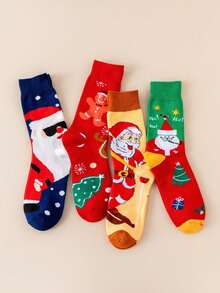 4 双圣诞袜，带圣诞老人、雪人和驯鹿图案，及膝，秋季和冬季 - 彩色 - 查看 3