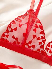 Style Dream 情人节女士文胸套装，心形刺绣网纱内衣套装（文胸+内裤），情人节和圣诞节贴身衣物 - 紅色 - 查看 4