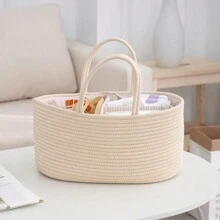 Cesta de almacenamiento de pañales multifuncional y dividida tejida para bebé - Beis - Ver 3