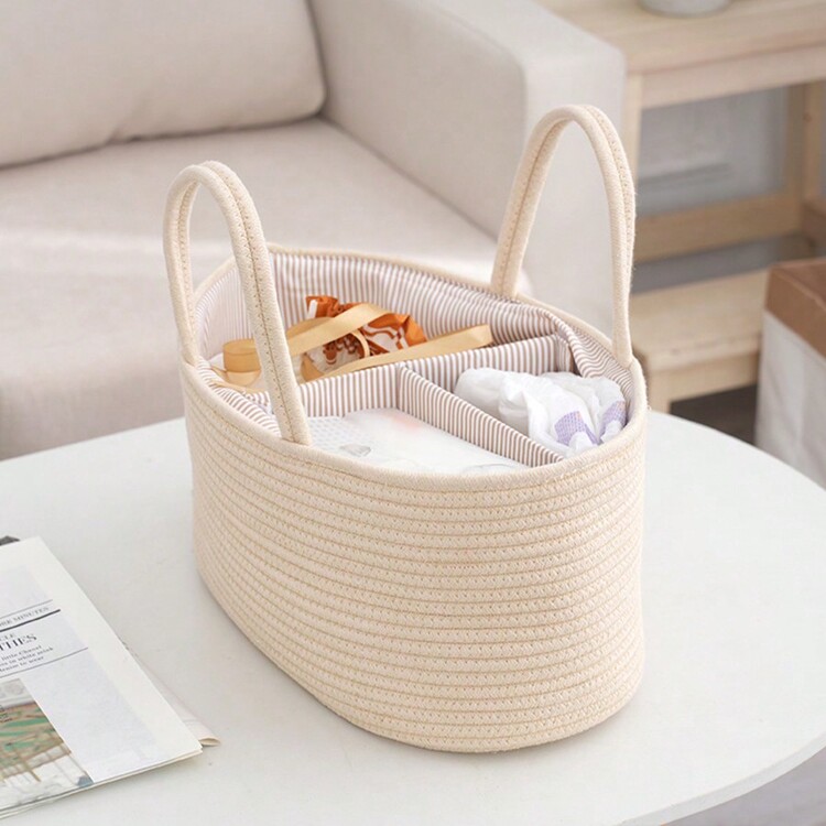 Multifunctional Divided Woven Diaper Storage Basket For Baby - Beige - View 2