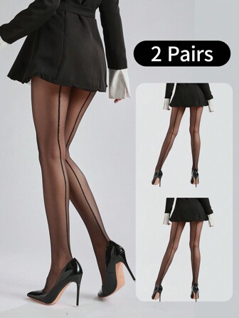 2pcs Women Fashion Black Sexy Jacquard Tights Pantyhose, Can Wear Front And Back