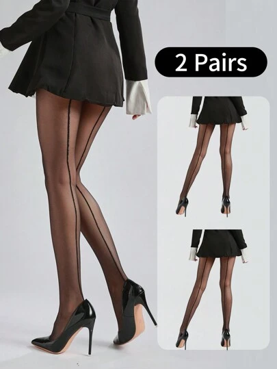 2pcs Women Fashion Black Sexy Jacquard Tights Pantyhose, Can Wear Front And Back