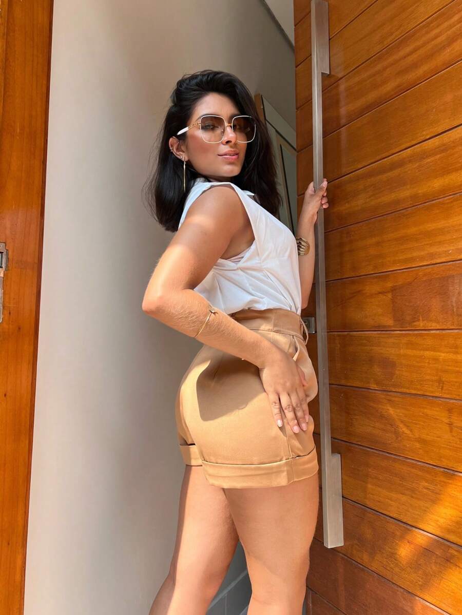 SJD MODA LADY Shorts Tailored Social Rolled Hem With Bag Great Fabric New Fashion - 卡其色 - 查看 1