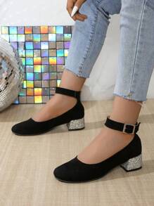 女士秋冬芭蕾圆头踝带银色闪光粗跟黑色绒面玛丽珍鞋，正式中跟鞋 - 黑色 - 查看 4