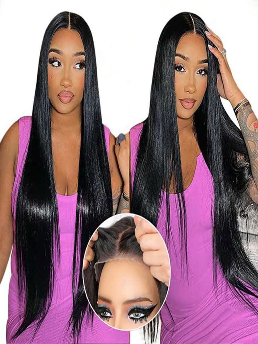 6x4 无胶假发 人发 预拔 预剪 直发 蕾丝前假发 人发漂白结 180% 密度人发 无胶 Clousre 假发