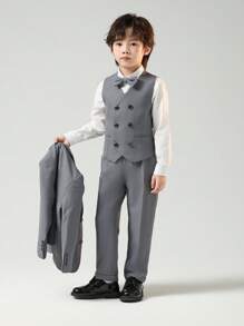 男童演出服装套装 男童礼服 花童婚纱 男童宴会礼服 三件套（背心+裤子+领结） - 灰色 - 查看 4