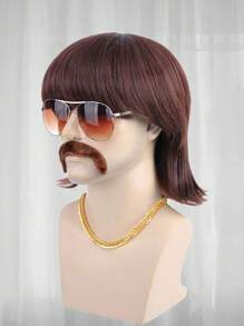 4 pièces Set Perruque disco des années 70 80 avec moustache, lunettes et chaîne. Perruque courte brune bouclée avec frange pour hommes, style mullet pour chanteur des années 60, rocker, hippie. Costume, cosplay, fête. Perruque brune courte et ébouriffée avec 1 collier doré, 1 barbe brune, 1 paire de lunettes pour homme. Perruque afro synthétique résistante à la chaleur avec frange, cadeau pour les fêtes, Thanksgiving, anniversaire, décorations de Noël - Tabac - Voir 5