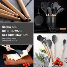 Bộ dụng cụ nấu ăn chống dính 12 món kèm xô và dụng cụ bằng silicon, bộ dụng cụ nhà bếp có tay cầm bằng gỗ - màu đen - Xem 4