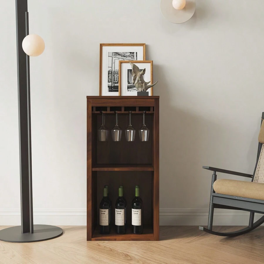Brown Walnut Color Modular Wine Bar With Storage Shelves With