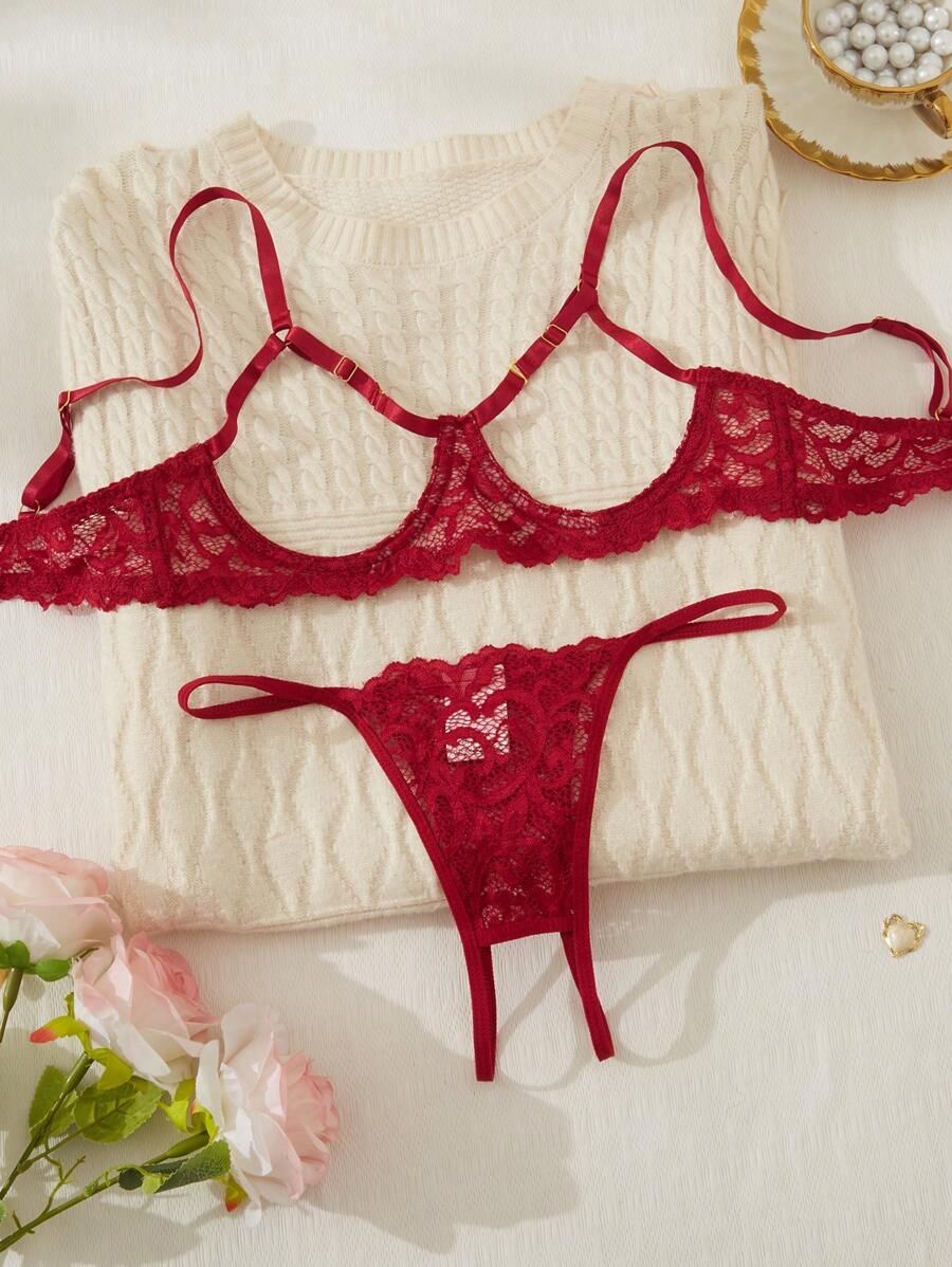 Hollow Lace Sexy Black Allure Lingerie Set For Women - Burgundy - View 1