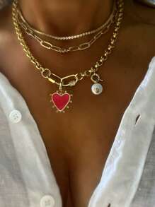 1 件心形吊坠项链，心形 Rolo 链项链，红色心形吊坠项链，金色多吊坠项链，情人节、妈妈、母亲、母亲节、礼物 - 金色 - 查看 4