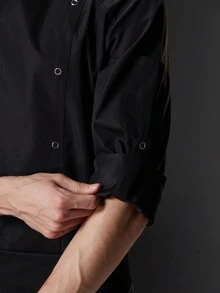 Áo khoác đầu bếp cao cấp, tay dài, vải cao cấp, bền và thoải mái, co giãn, thiết kế nút 5 chấu, chống mài mòn, thích hợp cho nhà hàng, tiệm bánh, bếp khách sạn, căng tin, mùa thu/đông/xuân, dành cho cả nam và nữ, có sẵn size lớn và size nhỏ - màu đen - Xem 3