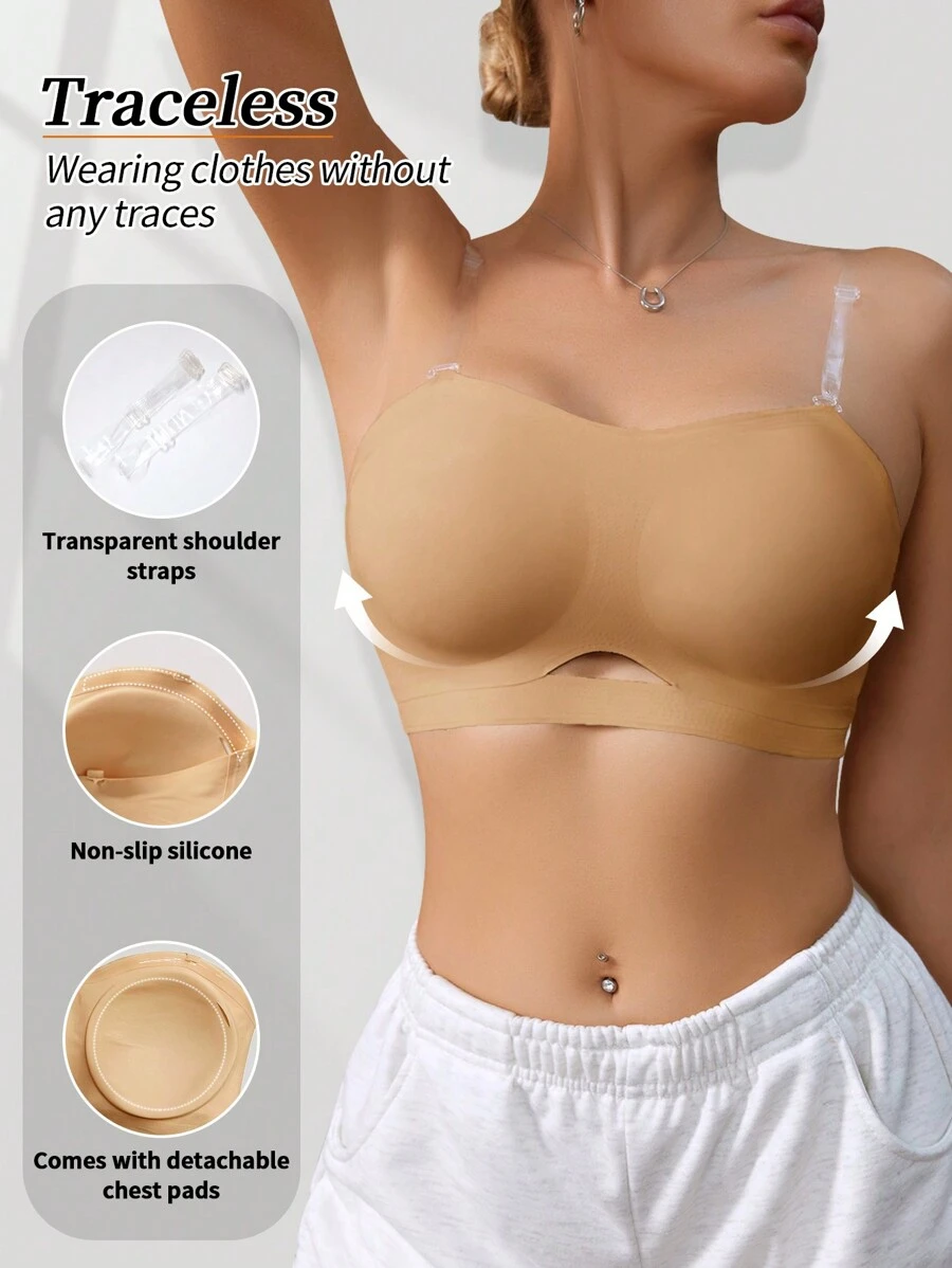 女士无缝无钢圈文胸，露背无肩带设计，面料透气柔软 - 駝色 - 查看 1