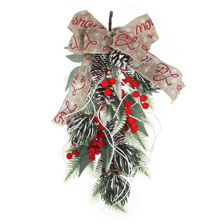Christmas Swag Wreath Burlap Bowknot Red Berries Hanging Upside Down