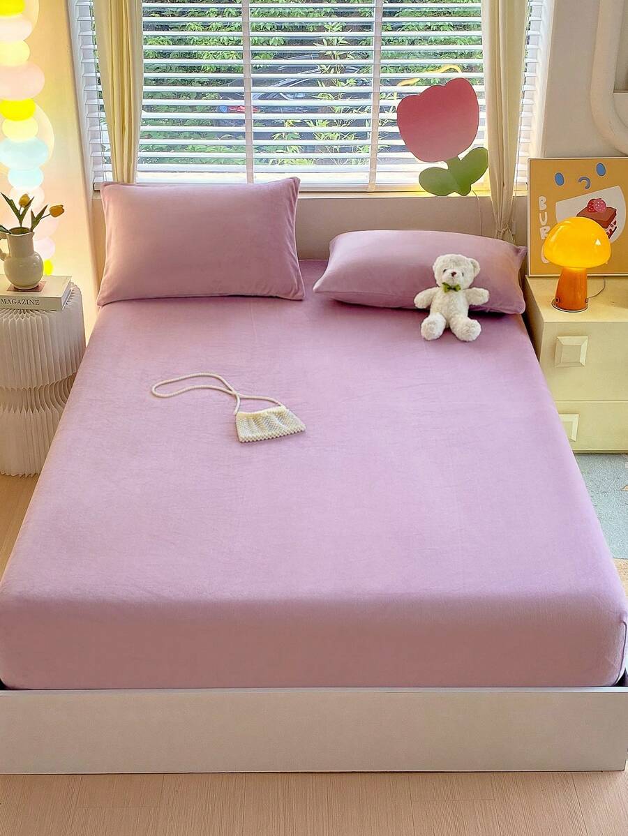 1 Tấm Ga Trải Giường Trẻ Em Màu Trơn Siêu Mềm Bằng Nhung Sữa Màu Trơn - Tấm Bảo Vệ Nệm Trẻ Em Thoải Mái Và Ấm Áp, Thích Hợp Cho Bộ Đồ Giường Trẻ Em Mùa Thu Và Mùa Đông - Màu tím - Xem 1