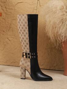 大码女式时尚长筒靴过膝长靴高跟休闲街头风秋冬秀场款靴子粗跟黑色过膝长靴复古拼接靴，可搭配外套，适合派对穿着 - 黑色 - 查看 6