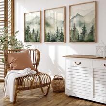 3 套无框绿色水彩森林山脉北欧艺术海报现代简约斯堪的纳维亚抽象风景帆布画印刷墙画适用于客厅、卧室、公寓、家居装饰 - 彩色 - 查看 1