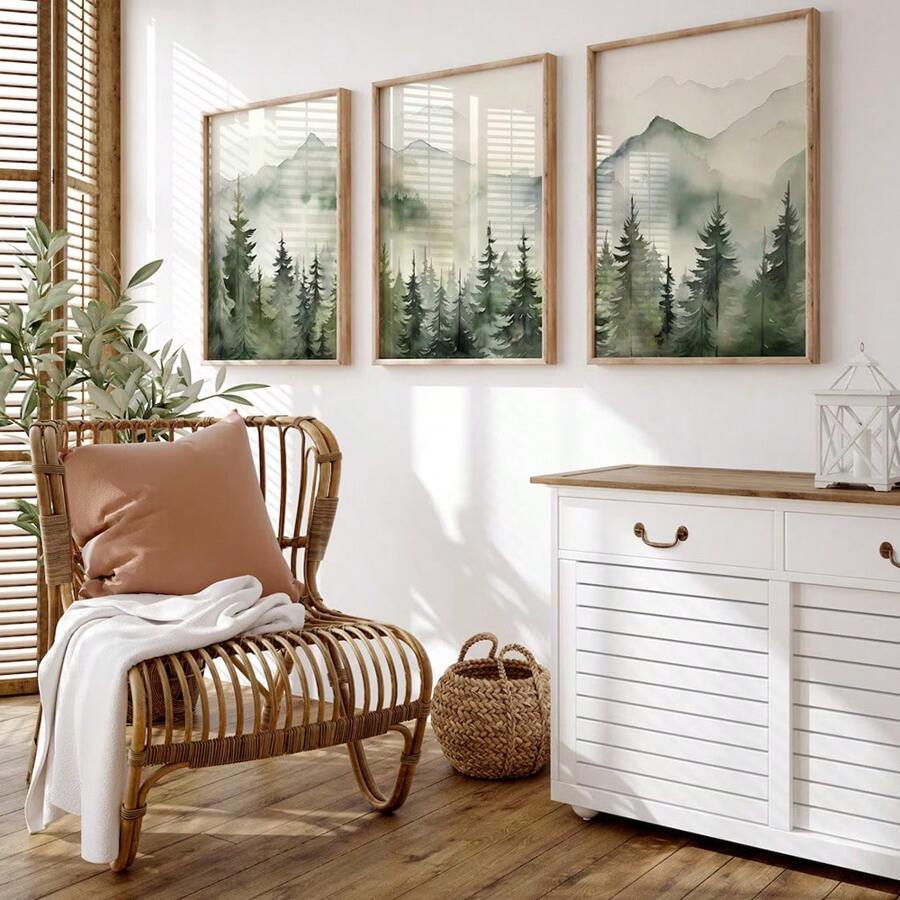 3 套无框绿色水彩森林山脉北欧艺术海报现代简约斯堪的纳维亚抽象风景帆布画印刷墙画适用于客厅、卧室、公寓、家居装饰 - 彩色 - 查看 1