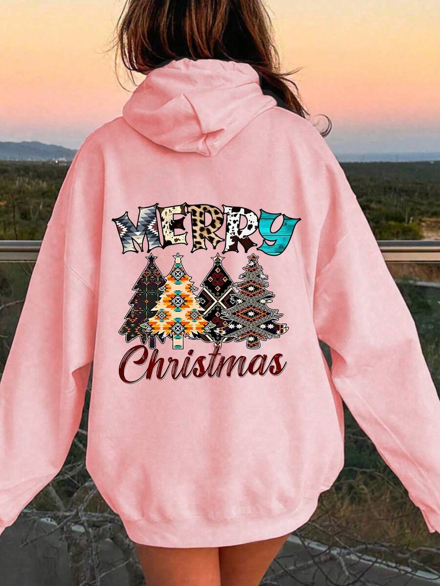 Tween Girl Christmas Tree Print Drop Shoulder Long Sleeve Loose Sweatshirt, For Christmas - Pink - View 1
