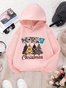 Tween Girl Christmas Tree Print Drop Shoulder Long Sleeve Loose Sweatshirt, For Christmas - Pink - View 2