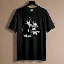 The Lookin Cat T-Shirt Humor Meme Drawing Unisex Male Female 100% Cotton Top Premium Streetwear New Release Fast Shipping Various Colors!! Plus Size - 黑色 - 查看 1