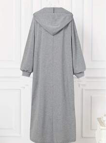 Long Hooded Drawstring Sweater Dress, With Zipper, Pockets, Slim Fit Waist Cinched, 180G Knitted Fabric