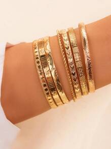7pcs Exaggerated Personalized Hammered Hexagram & Cable Open Bangle Bracelet Set