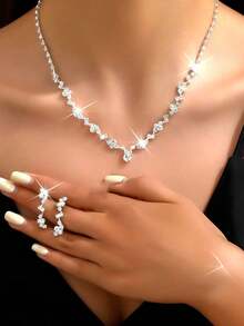 Bộ trang sức vòng cổ và hoa tai đính đá Rhinestone sang trọng, phù hợp cho trang phục dự tiệc của phụ nữ - Bạc - Xem 5