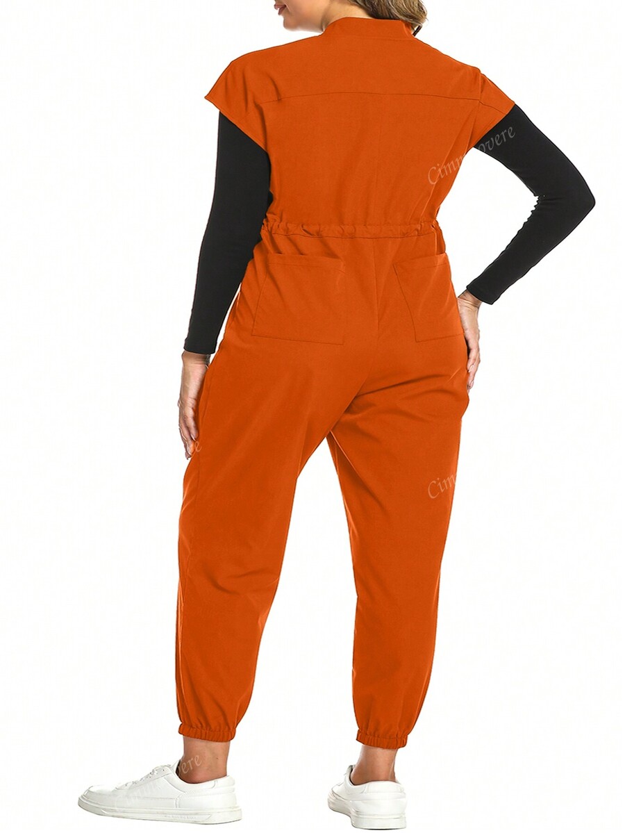 cimmuovere Plus Size Short Sleeve WaistTie Fitted Pleated Zipper Stand