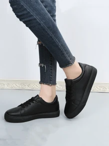 女士休闲运动鞋纯黑色平底系带鞋 - 黑色 - 查看 5