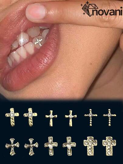 novani 3pcs/Box Vintage Tooth Gems, Crystal Rhinestone Metal Cross Tooth Gems, Diamond-Shaped Crystal Stones Metal Dental Jewelry