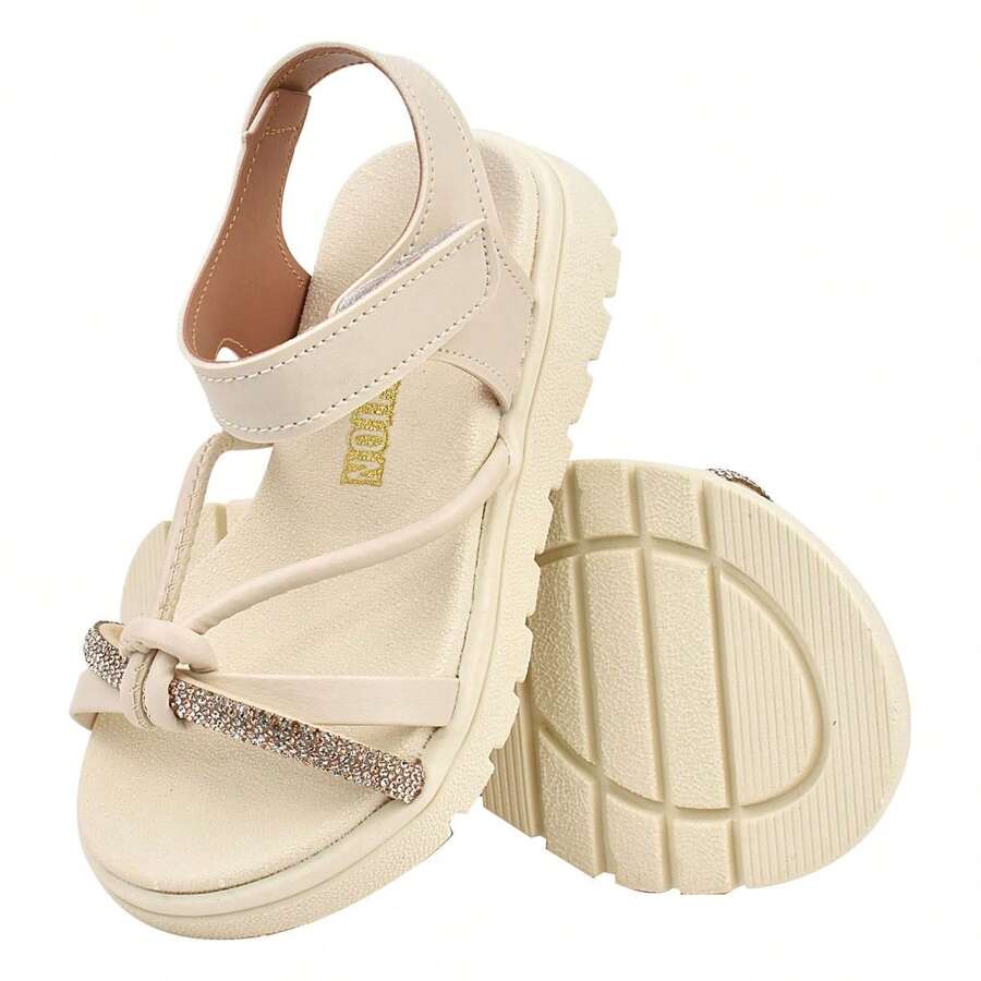 Women's Children's Flat Sandal With 1 Straight Strap, 1 Rhinestone And A Roller Knot - 香檳色 - 查看 1