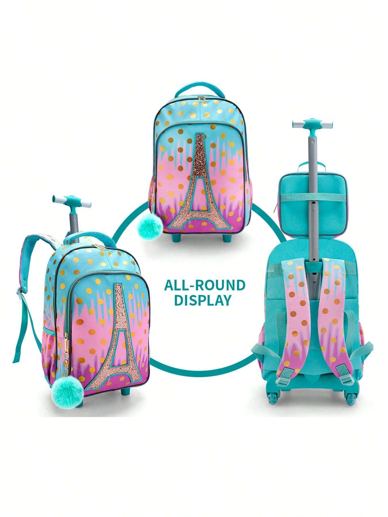 BLING BABIES 3PCS Set Rolling Backpack For Girls Pink Green And Gold