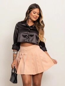 Cropped Satin Button Front Shirt - 黑色 - 查看 4