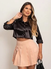 Cropped Satin Button Front Shirt - 黑色 - 查看 1