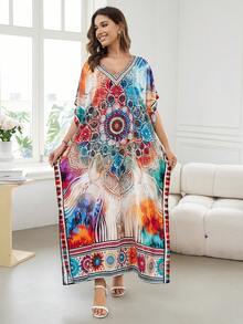 波西米亚印花连衣裙 休闲家居 V 领短袖连衣裙 家居服 长袍