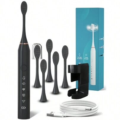 1pc Black Electric Toothbrush, 6 Replaceable Brush Heads, 1 Wall Mount Holder, 1 Dust Cover, IPX7 Waterproof, 5 Cleaning Modes, Long Battery Life, USB Rechargeable Adult Electric Toothbrush