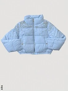 Chamarra estilo buffer brillosa para dama - Azul - Ver 1